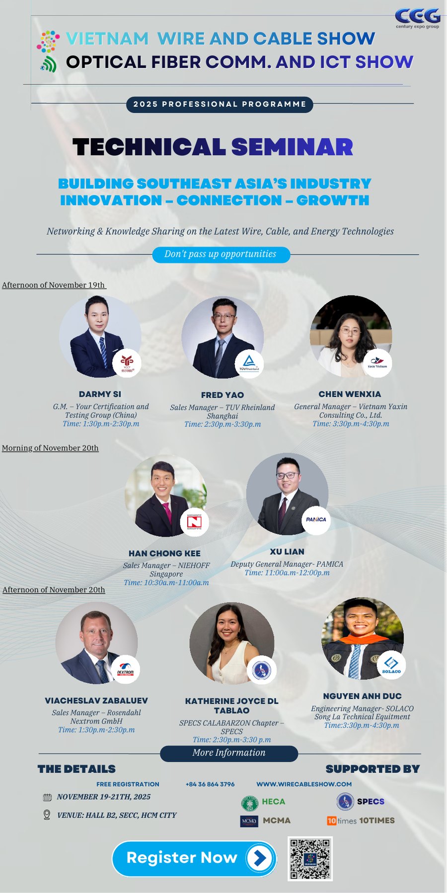 Vietnam Wire and Cable Show 2025 seminar flyer with speaker photos